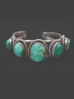 Vintage Navajo Sterling Silver 5 Stone Turquoise Row Cuff Bracelet Unsigned
